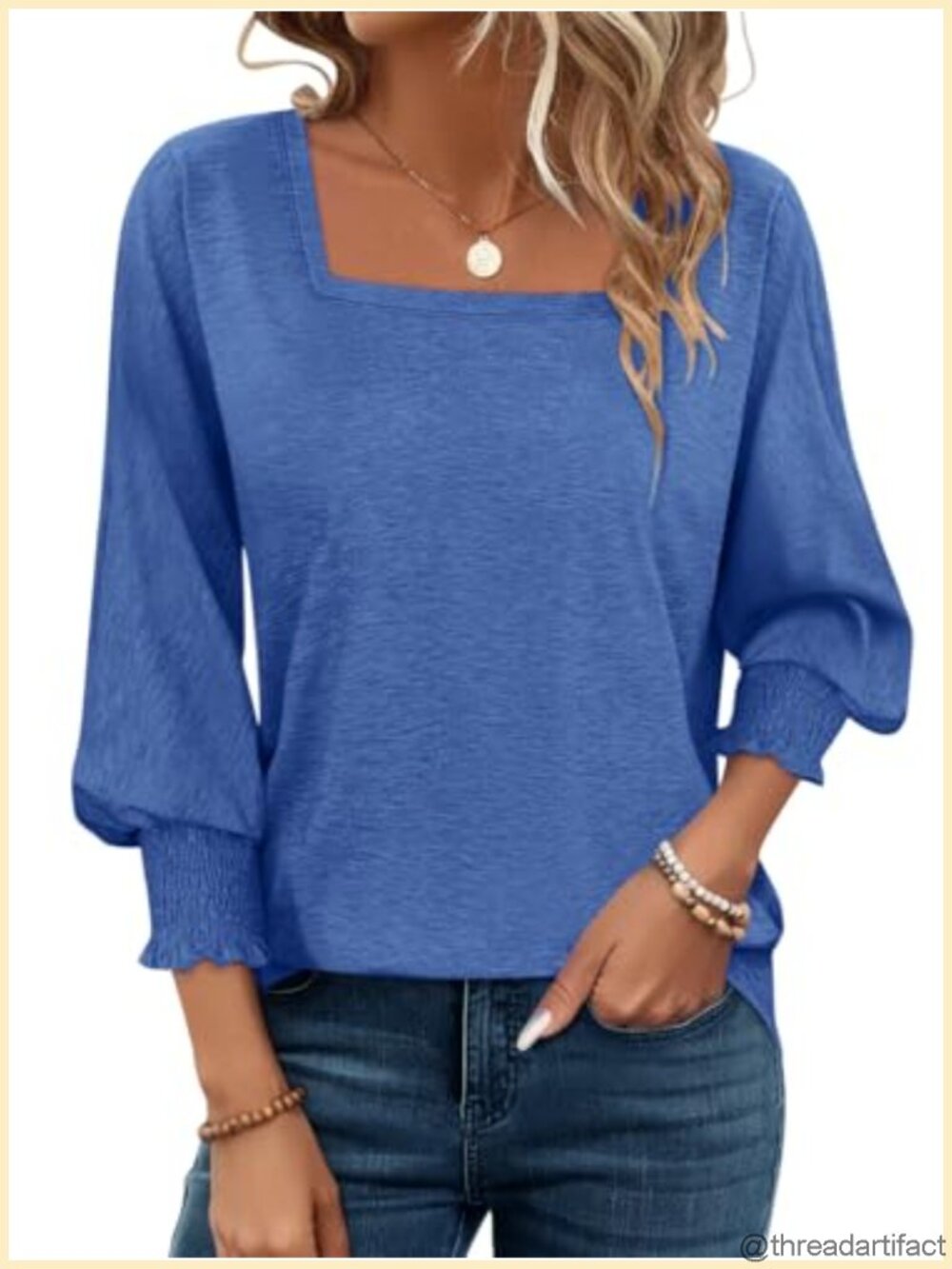 Womens 3/4 Sleeve Square Neck Smocked Cuff Ruffle Trim Blouse